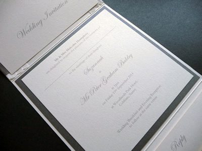 Ivory portrait pocketfold invitation with ivory lace and charcoal ribbon