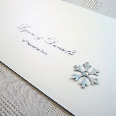 Navy and white cheque book with a silver snowflake detail