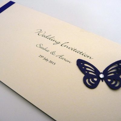 Purple and ivory butterfly theme cheque book invitation