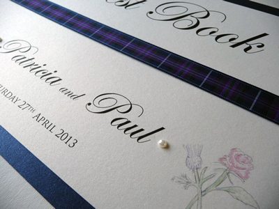 Navy and Tartan Theme Wedding Guest Book with a Rose & Thistle theme
