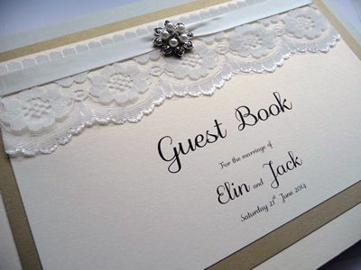 Luxury Gold wedding guest book with lace, ribbon and fancy pearl embellishment
