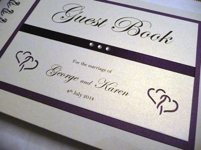 Purple Heart themed Wedding Guest Book with flat ribbon and diamantes