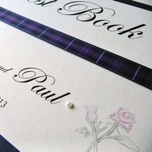 Rose & Thistle themed Wedding Guest Book with Tartan ribbon