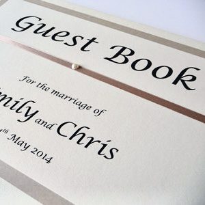 Taupe and Ivory Wedding Guest Book with ribbon and pearl detail