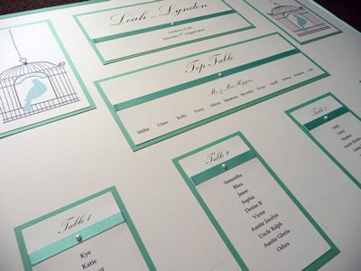 Birdcage themed Wedding Table Plan with an aqua blue colour scheme