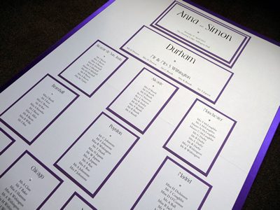 Classic A1 Table Plan board with an ivory and purple colour scheme