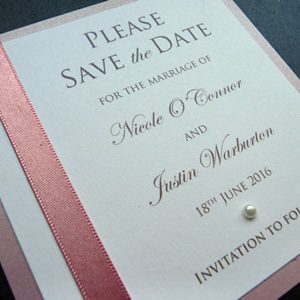 Square Mounted Save the Date with flat burgundy ribbon
