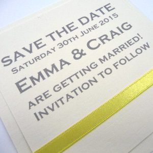 Square Mounted Save the Date with flat burgundy ribbon