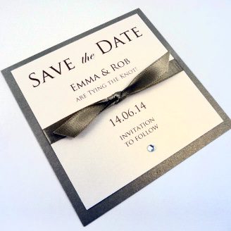 Square Mounted Save the Date with flat burgundy ribbon