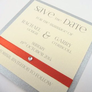 Square Mounted Save the Date with flat burgundy ribbon