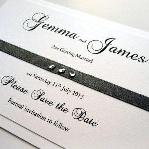 Square Mounted Save the Date with flat burgundy ribbon