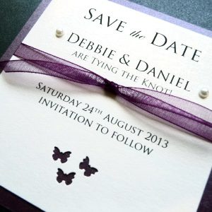 Square Mounted Save the Date with flat burgundy ribbon