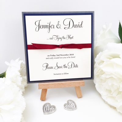 Charcoal Grey, Navy and Burgundy knotted ribbon Save the Date cards