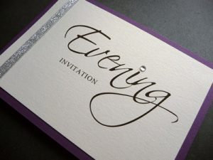 Purple pearlised oblong landscape folded Evening invitation with metallic silver ribbon