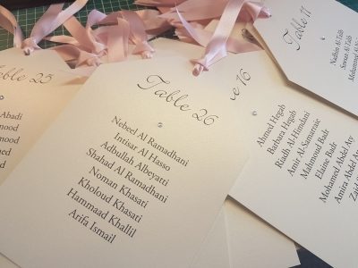Blush Pink and Ivory Luggage Tag shaped cards for a hanging table plan