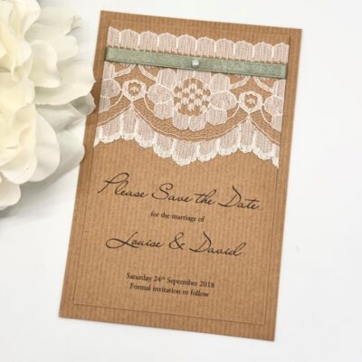 Rustic Lace Themed Wedding Save the Date Card with Satin Ribbon