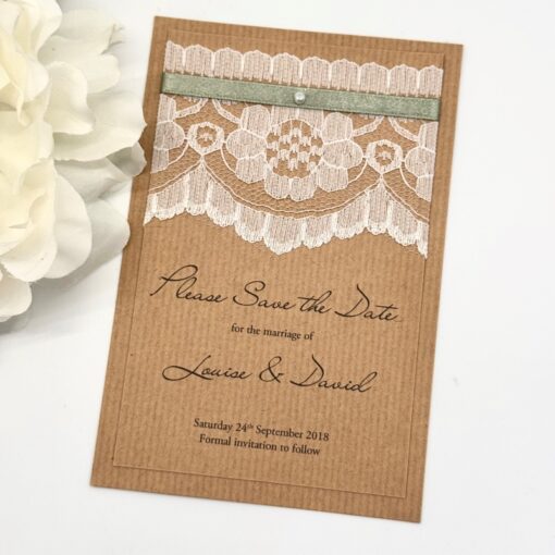 Rustic Lace Themed Wedding Save the Date Card with Satin Ribbon