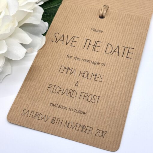 Rustic Loop Tied Tag Styled Save the Date Card Back Page with Twine