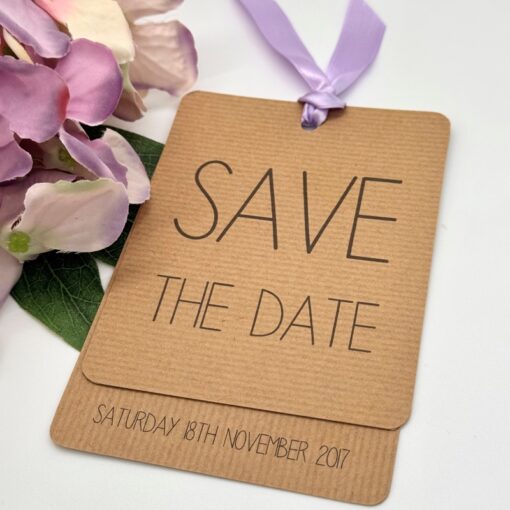 Rustic Loop Tied Tag Styled Save the Date Card with Lilac Ribbon