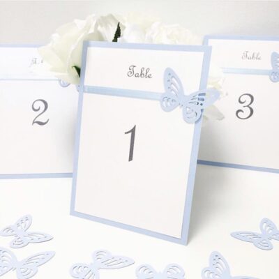 Cornflower Blue Butterfly themed Table Numbers with ribbon (A6)