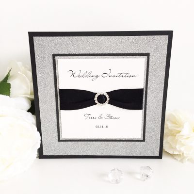 Black & Silver Glitter Card Pocketcard Wedding Invitation with diamante ribbon buckle