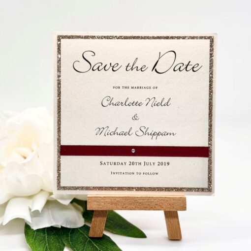 Burgundy & Gold Glitter Themed Save the Dates