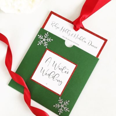 Christmas themed Green and Red Wallet style Wedding Invitation with diamante snowflakes