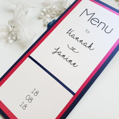 Fuchsia Pink and Navy folded Menu cards for a Wedding Breakfast