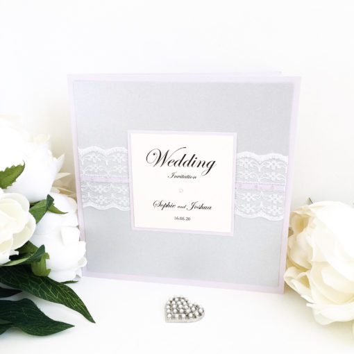 Lilac & Silver Wedding Invitation with Vintage Lace Detail