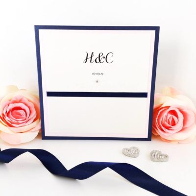 Navy and Blush Pink Pocketcard Wedding Invitations with flat ribbon detail
