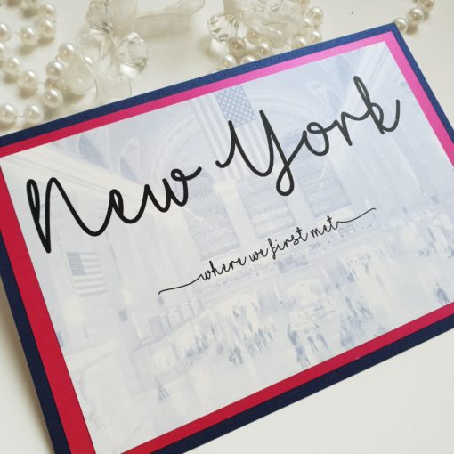 New York theme Table Names with a Fuchsia Pink and Navy colour scheme