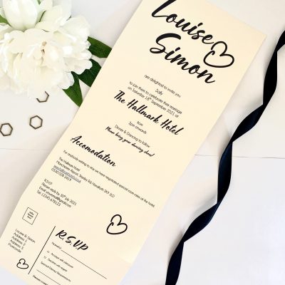 Classic monochrome concertina invitation with information and rsvp