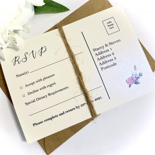 Concertina style invitations with hydrangea wreath and rustic tie