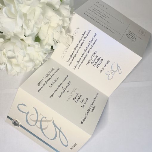 Ice blue Initials concertina invitation with crystal decoration