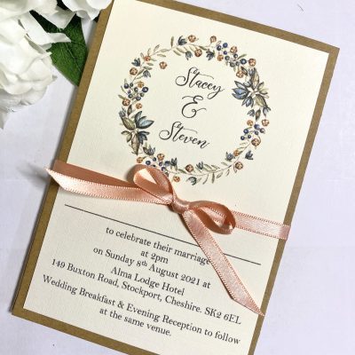 Rustic style concertina invitation with floral wreath