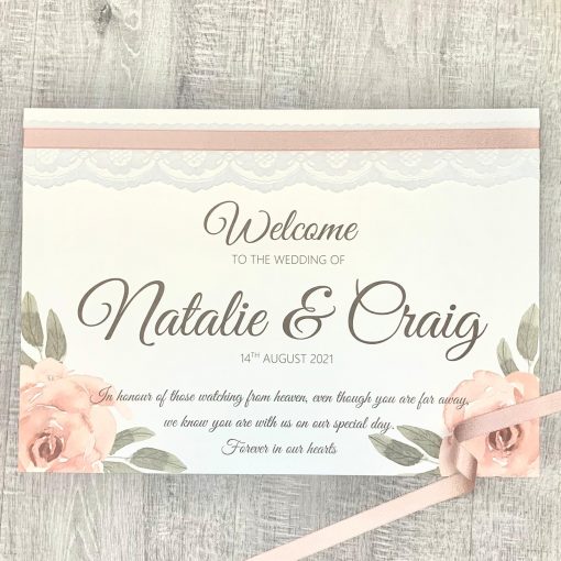 vintage floral welcome board with lace