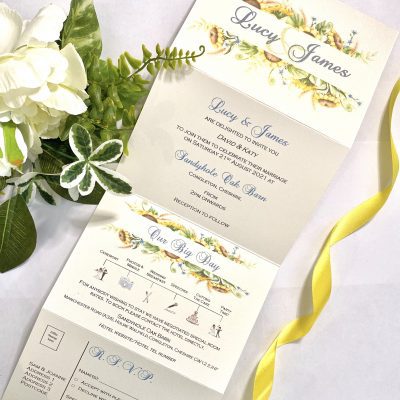 Sunflower and wildflower concertina invitation with timeline