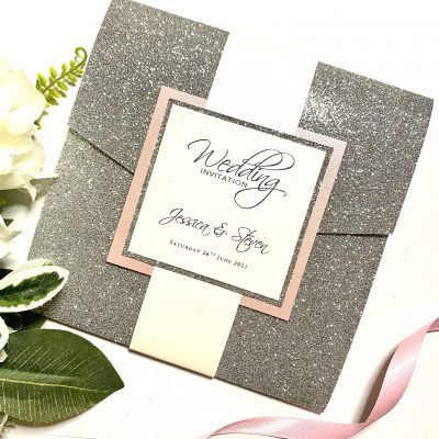 luxury silver glitter pocketfold with bellyband wrap and personalised plaque