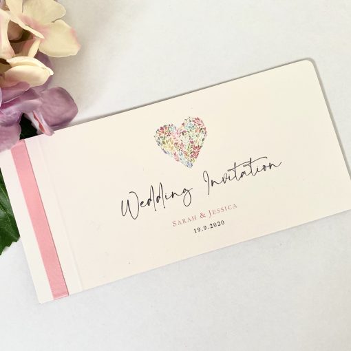 floral heart cheque book in white and pink
