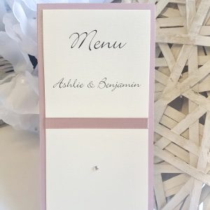 Dusky Pink Wedding Breakfast Menu with satin ribbon and diamante