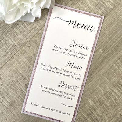 Tall thin wedding menu with glitter mounts