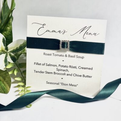 Menu Name Place Card with emerald green ribbon