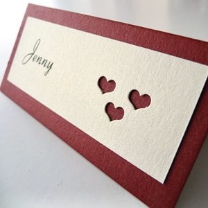 Name place card with 3 heart detail