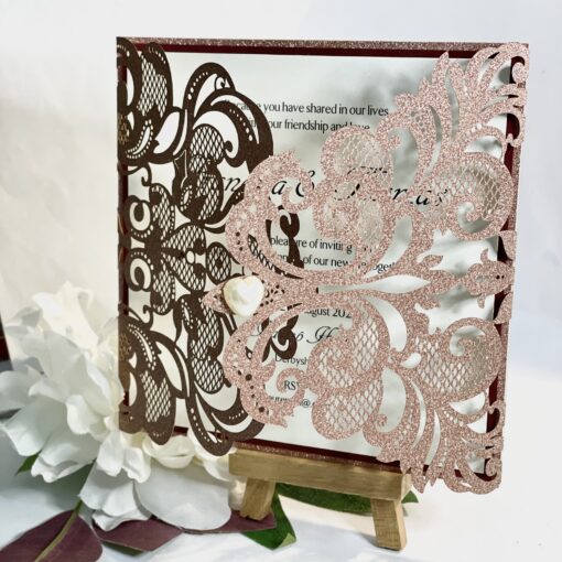 rose gold glitter laser cut gatefold invitation