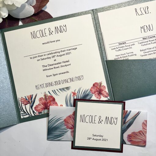 tropical themed pocketfold invitation with bellyband