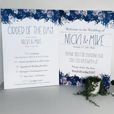 Floral themed Welcome boards and Order of the Day