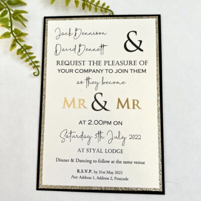 Classic flat gay wedding invitation with gold foiling