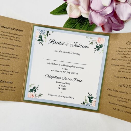 Rustic gatefold with floral design and bellyband