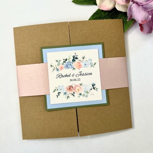 Rustic gatefold with floral design and bellyband