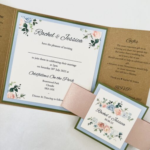 Rustic gatefold with floral design and bellyband